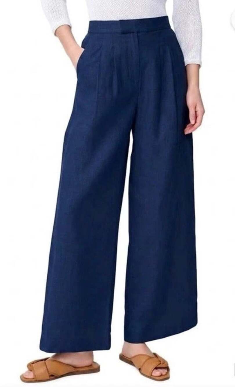 J. McLaughlin Amal Long Bottoms Size 6 Navy Blue Linen Blend Wide Leg Pants NWT